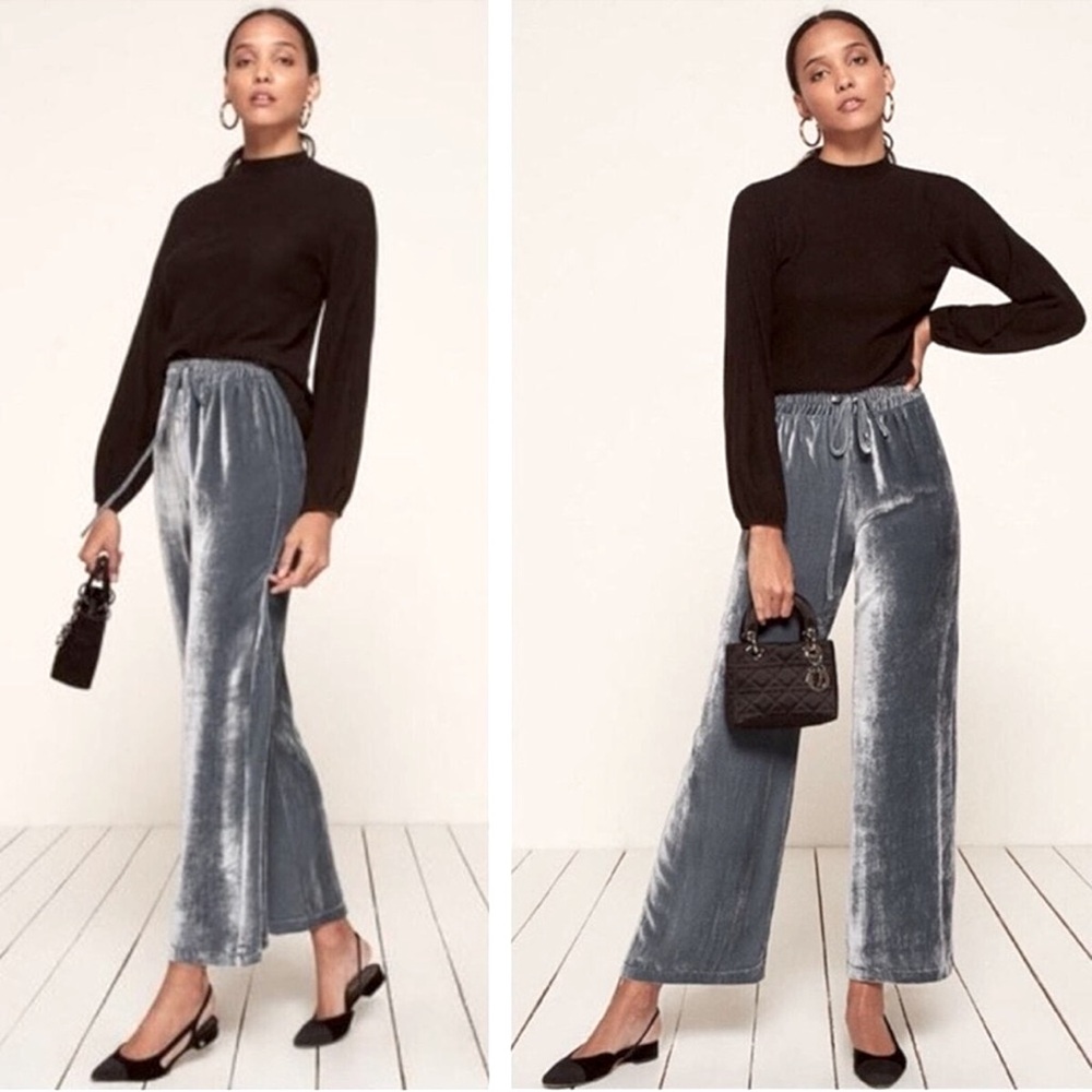 Reformation Stefan Silk Wide Leg Crushed Velvet Pants in Slate Blue